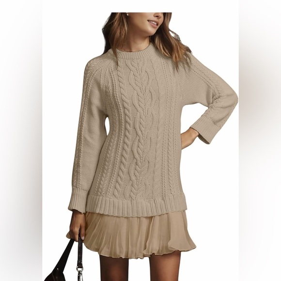 None Dresses & Skirts - 🆕Twofer Style Cable Knit Crewneck Long Sleeve Pleated Mini Dress
